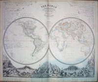 The World in Hemispheres, with comparitive views of the heights of the principal Mountains and lengths of the principal Rivers on the Globe.
